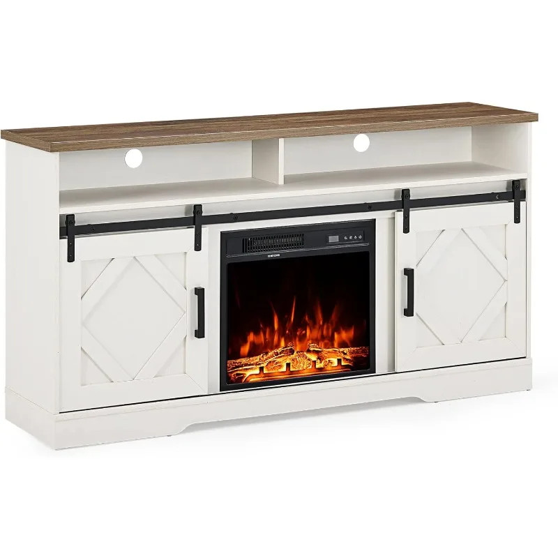 Farmhouse Wood Electric Fireplace TV Console, Entertainment Center with Storage, Sliding Door&Adjustable Shelf for Living Room