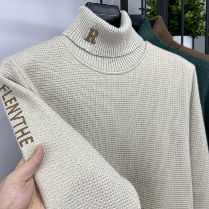 mens Knitte Pullover winter item exquisite letter embroidery wool sweater trend high neck thick warm mens clothing 241113