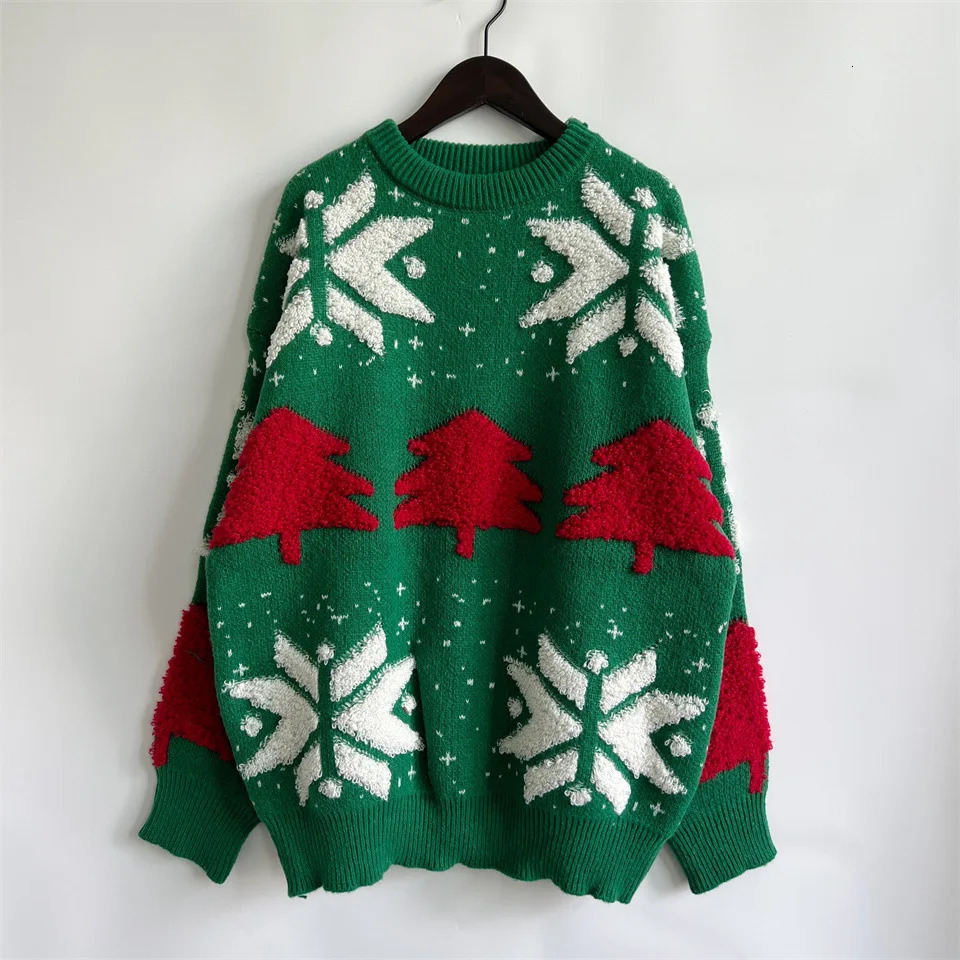 OMCHION Green Christmas Sweater Fashion Tree Embroidery Knitted Casual Loose Retro Womens Knitted Sweater 241113