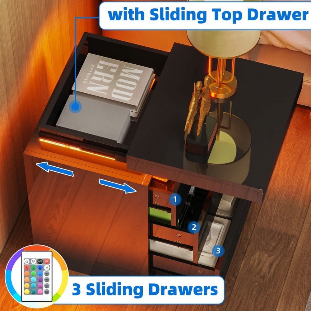 Living Room Furniture High Gloss Nightstand Bedside Table for Bedroom Bags LED Nightstand With 3 Drawers Nightstands Home