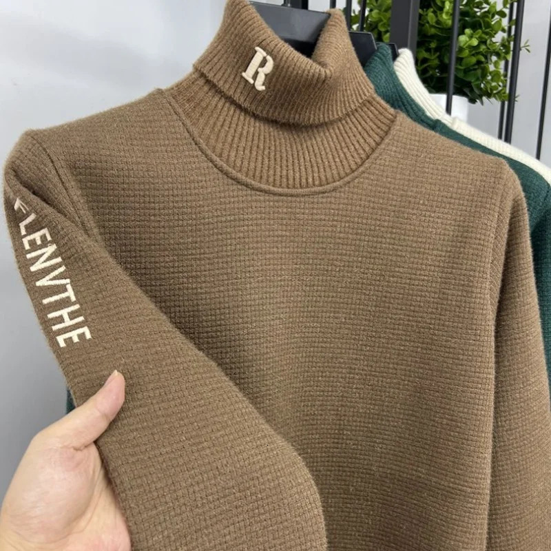 mens Knitte Pullover winter item exquisite letter embroidery wool sweater trend high neck thick warm mens clothing 241113