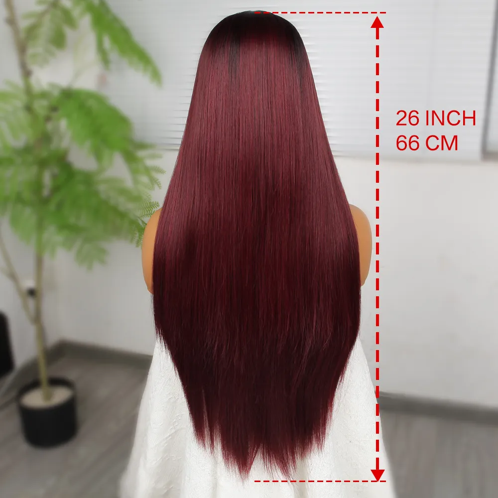 Long Wine Red Colored Lace Frontal Simulation Human Hair Wig Highlight 28 30 Inch Synthetic Deep Wave Wigs For Woman 360 Full Front Heat Resistant