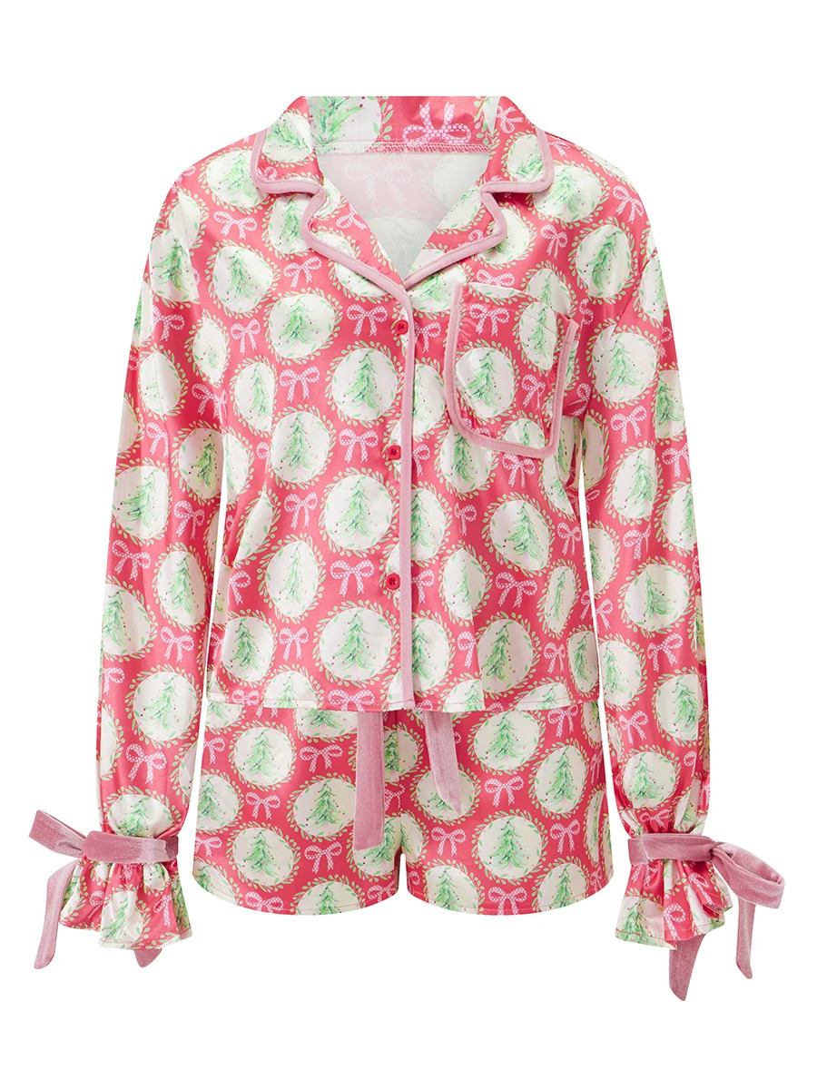 2025 Christmas Pajamas for Women Bow Tie Long Sleeve Shirt Shorts Satin Silk Funny Graphic 2 Piece Pjs Set Sleepwear 241113