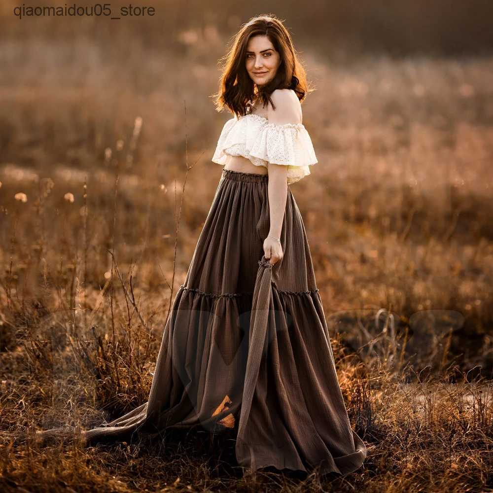 Maternity Dresses Bohemian Pregnant Womens Dress Lace and Linen Cotton Combination Two Piece Set Contrast Color Retro Design PhotoShoot Q240413