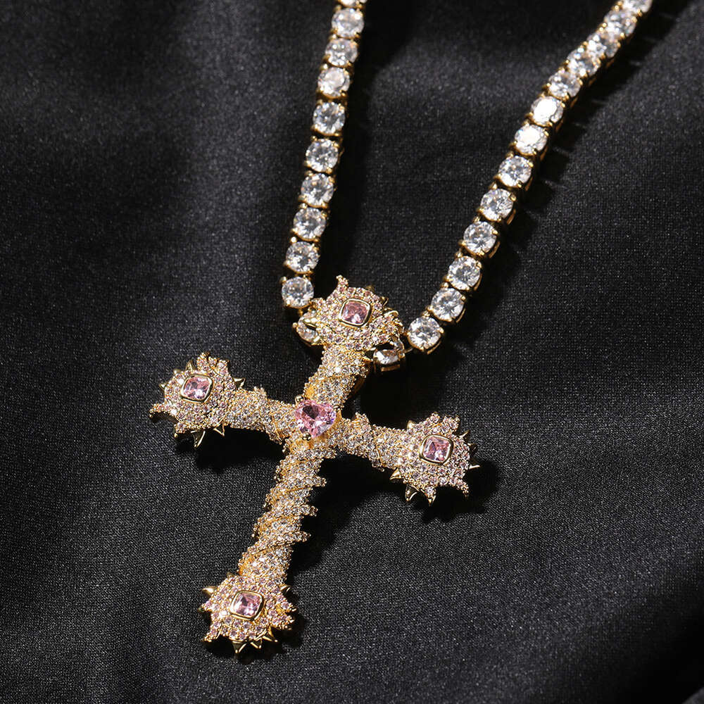 Top Quality Rock Wolf Tide TrendyPink Love Cross Pendant Hip Hop Necklace Copper Plating with Diamond for Mens Necklace Jewelry Bling Bling Gemstone B