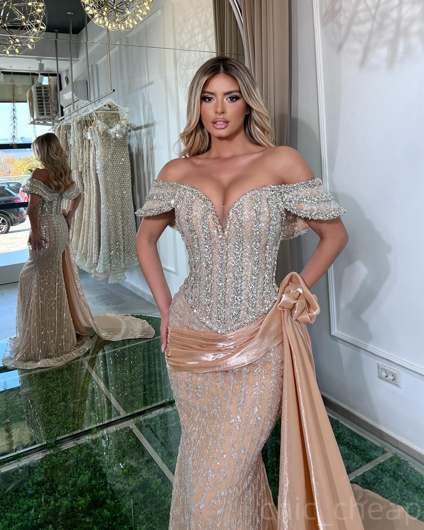 2024 Plus Size Champagne Illusion Mermaid Prom Dresses For Special Occasions Rhinestones Satin Evening Party Birthday Gowns Dress For Women Vestidos d