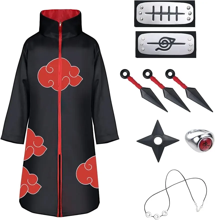 bilibili Akatsuki Cloak Adult Kids Itachi Long Black Robe Capes Halloween Party Cosplay for Anime Naruto Costume with Headband