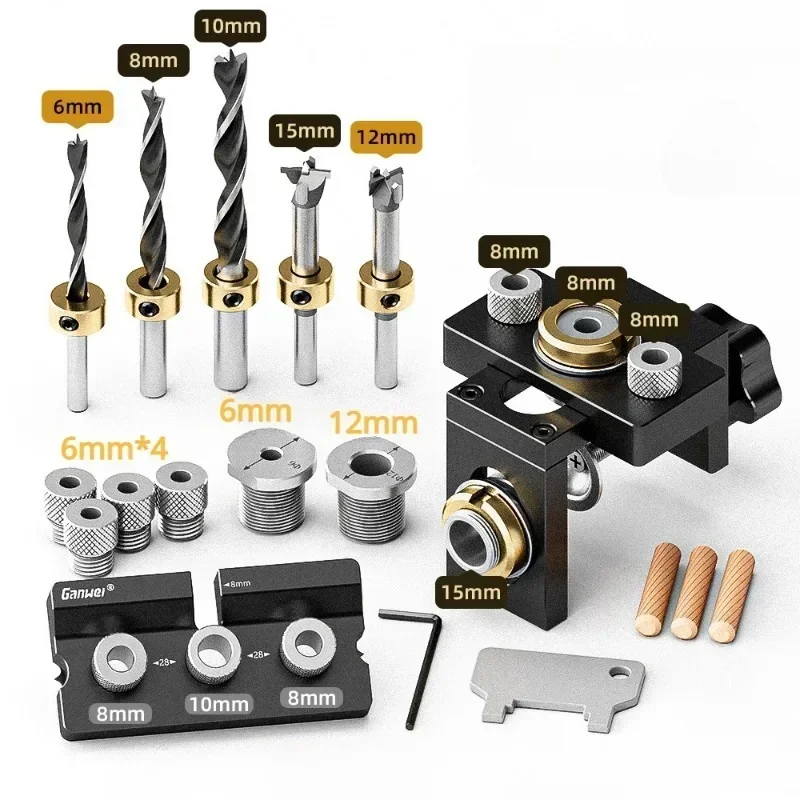 New Woodworking Pocket Hole Jig 3 in 1 Adjustable Doweling Jig with 6/8/10/12/15mm Drill Bit Drilling Guide Locator Puncher Tool