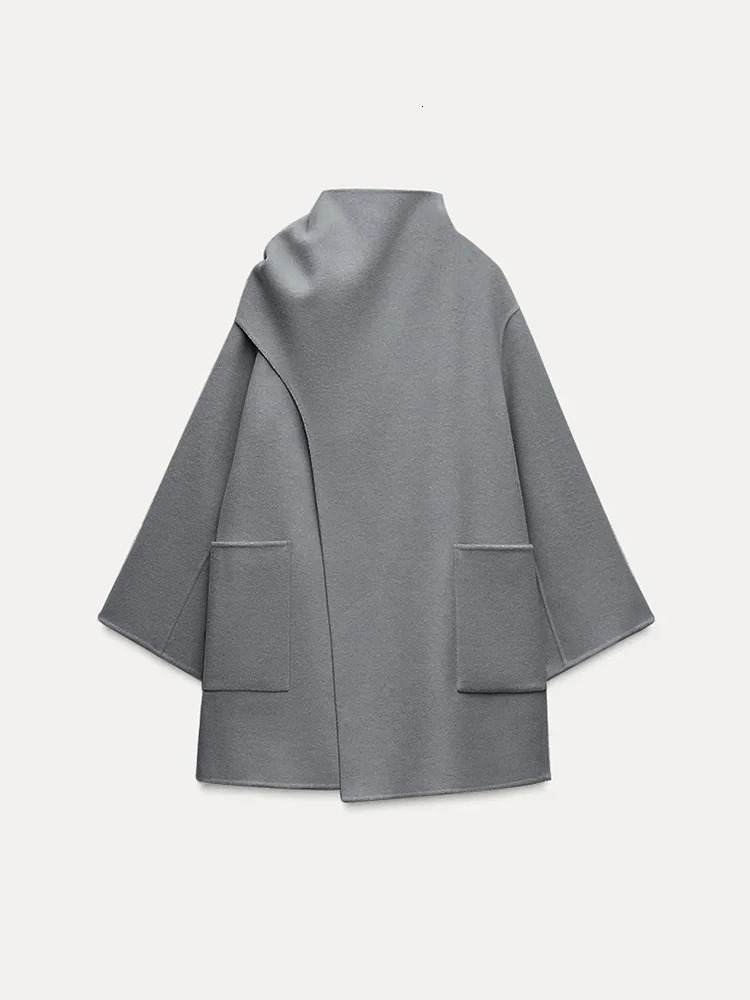 Winter Woolen Scarf Collar Cape Jacket: Fashion Irregular Coat Solid Pockets