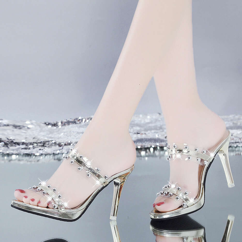 High Heeled Sandals for Women's Outerwear in Spring 2024, New Style French Fairy Rhinestone Transparent Thick Heel Crystal Flip Flop ddmythur