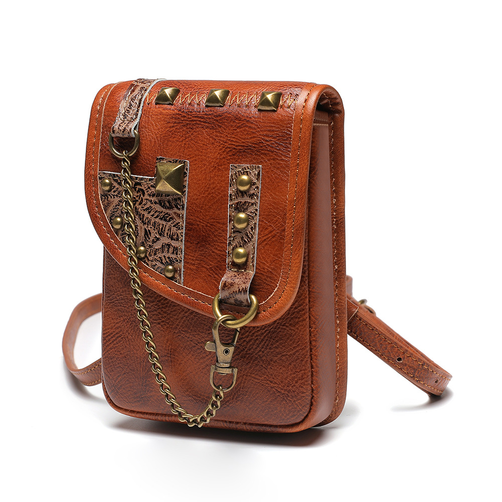 Retro Punk Genuine Leather Brown Women's Bag With A Top Layer Cowhide One Shoulder Crossbody Small Square Bag smile