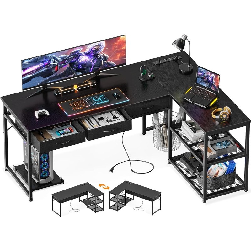 AODK L Shaped Desk with Fabric Drawers, 61 Inch Corner Desk with Power Outlets & Movable CPU Stand, Reversible Computer Desk