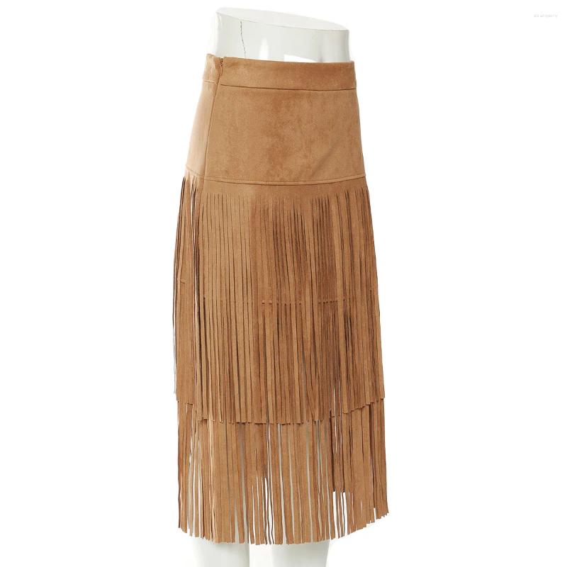 Skirts OF.STUDIOS 2024 Cowboy Style Fashion High Quality Casual Fringe Midi Skirt Women Summer