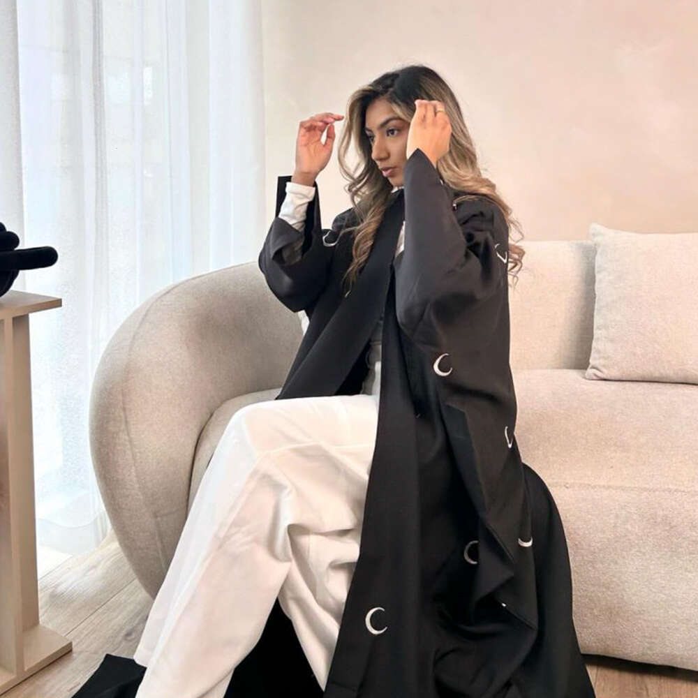 New Dubai Open Abaya Muslim Women Elegant Moon Embroidery Cardigan Robe Turkey Arab Kimono Coat Eid Ramadan Islam Clothing