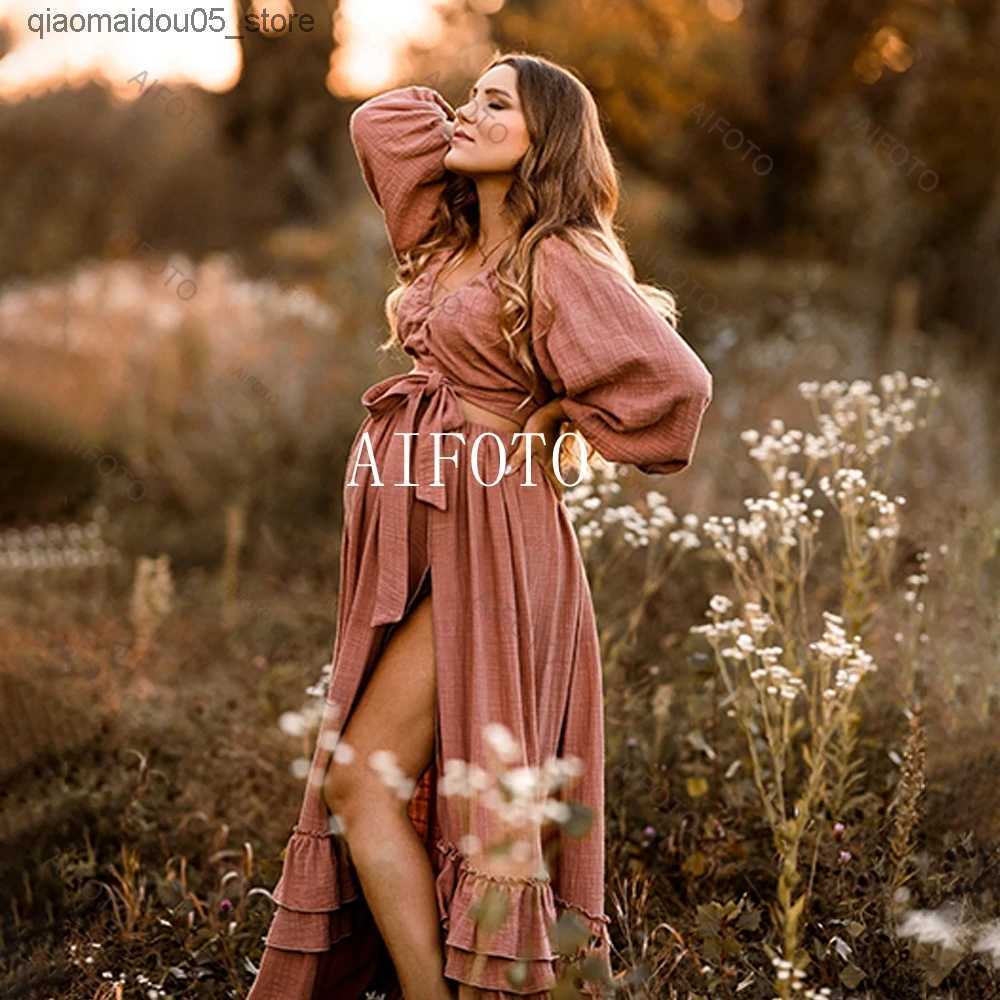 Maternity Dresses Linen Cotton Pregnant Women Bohemian Two Piece Photo Shooting Props Womens Dress Retro Top and Tight Baby Shower Q240413