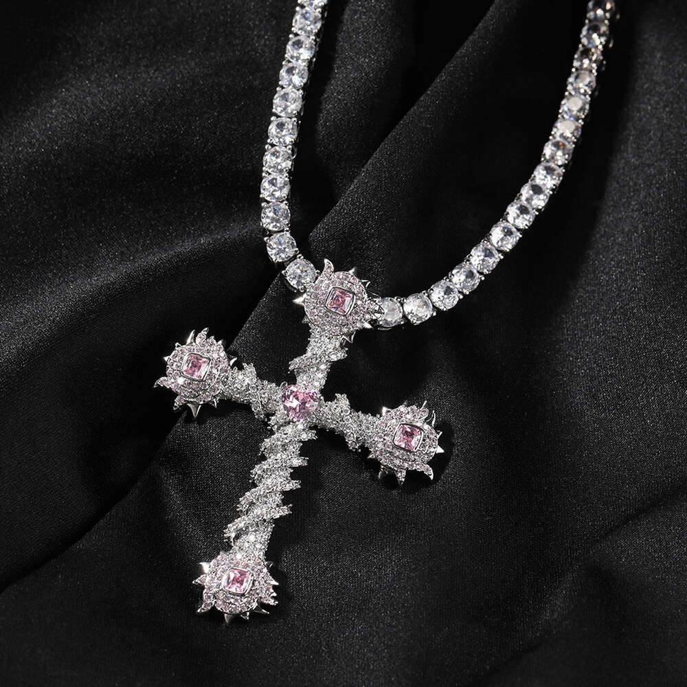 Top Quality Rock Wolf Tide TrendyPink Love Cross Pendant Hip Hop Necklace Copper Plating with Diamond for Mens Necklace Jewelry Bling Bling Gemstone B