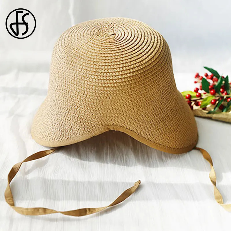 FS Fashion Straw Regency Bonnets Hats For Women Party Sun Hats Bow Beach Cap Big Wide Brim Cloche Hat Fedora Chapeau Femme 240412