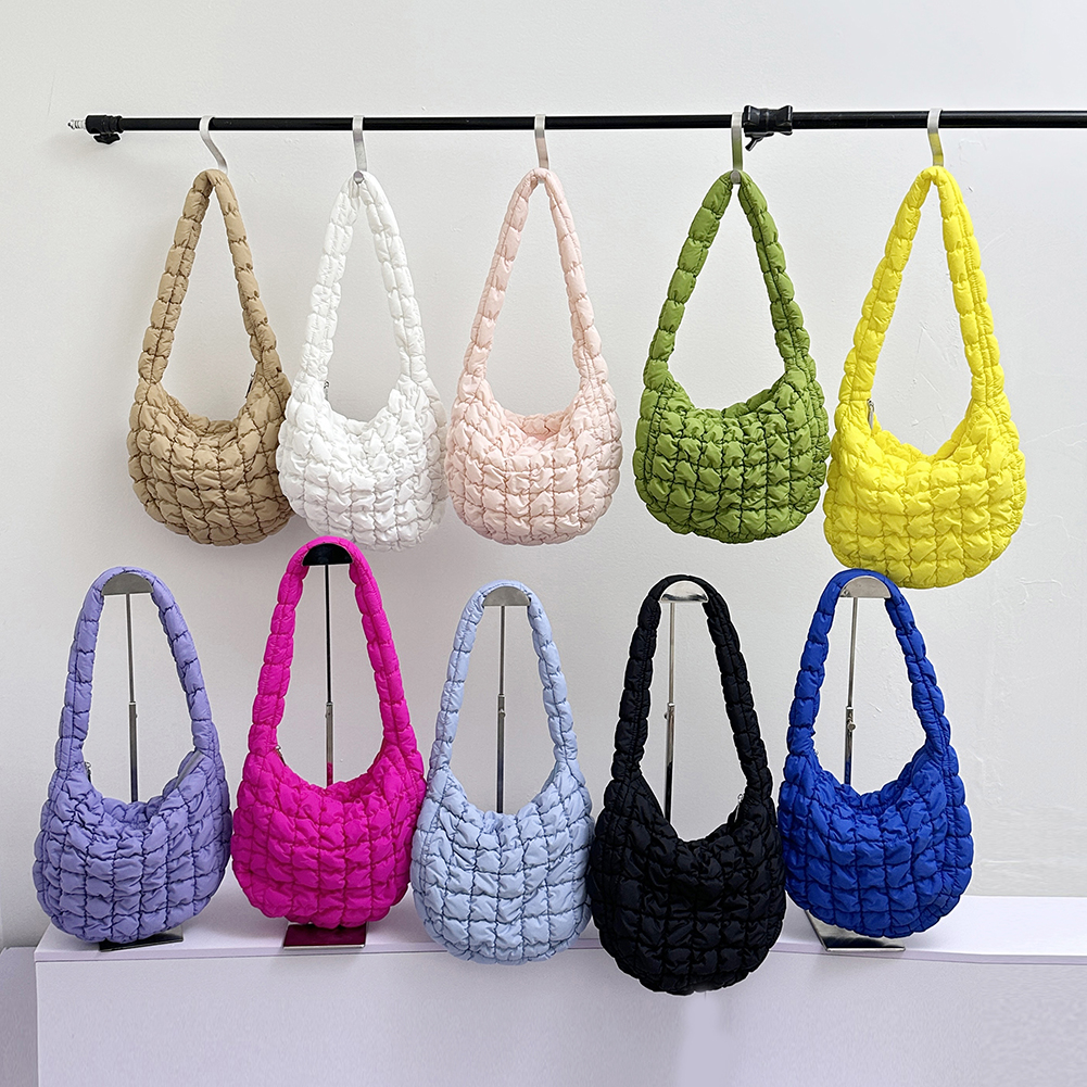 Women Plaid Quilted Crossbody Bag Ruched Solid Shoulder Bag Korean Pleated Bubble Embroidered Cotton Satchel Bags Underarm Bags