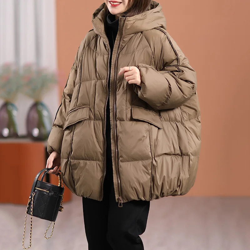Lagabogy winter womens white duck down jacket hood warm oversized inflatable jacket womens casual loose Parkas pocket jacket 241112