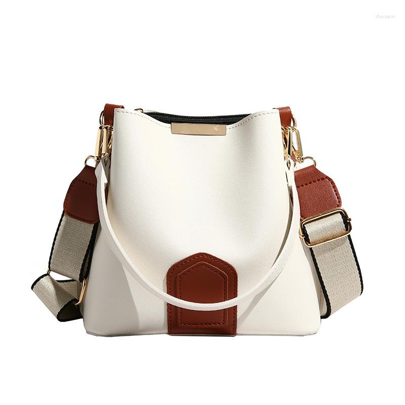 2025 NEW Drawstring Cross-border Textured Bucket Bag For Women Fashion Commuter Portable Shoulder Contrast Color Wide Strap Messenger zhanyishengli