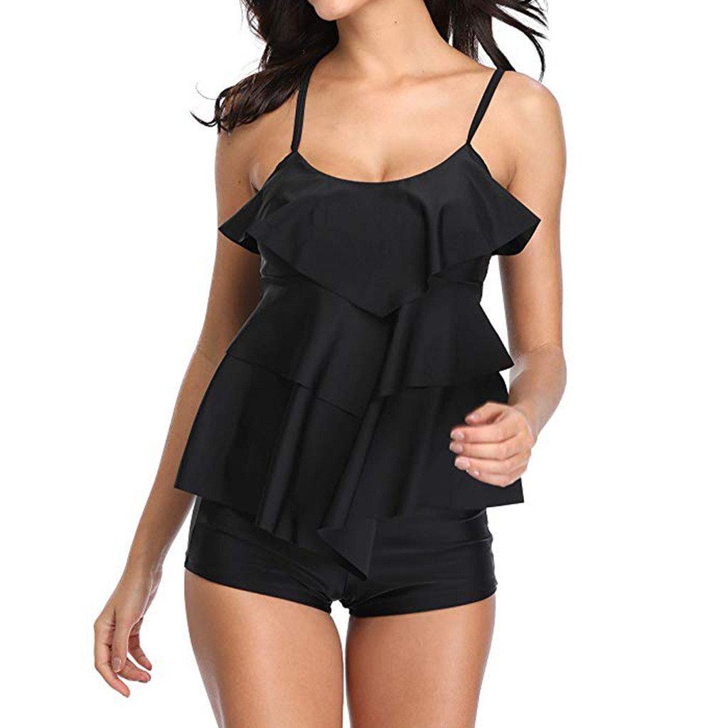 Women Ruffle Flounce Swimwear Set Beachwear 2 Piece Suit Tank Tops+High Waist Swim Trunks Summer Tankinis Set Sexy Bathing Suits