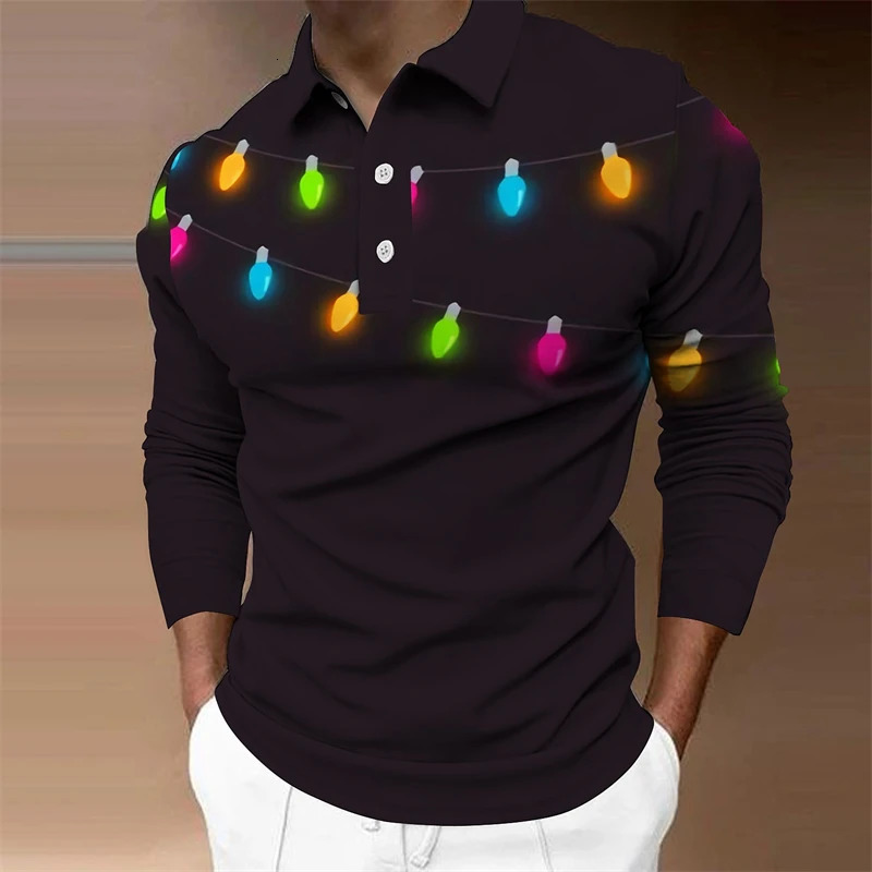 Simple Christmas Lights Pattern Polo Shirt Fashion Autumn Long Sleeve 3D Printed Mens Polo Casual Streetwear Oversized T Shirt 241113