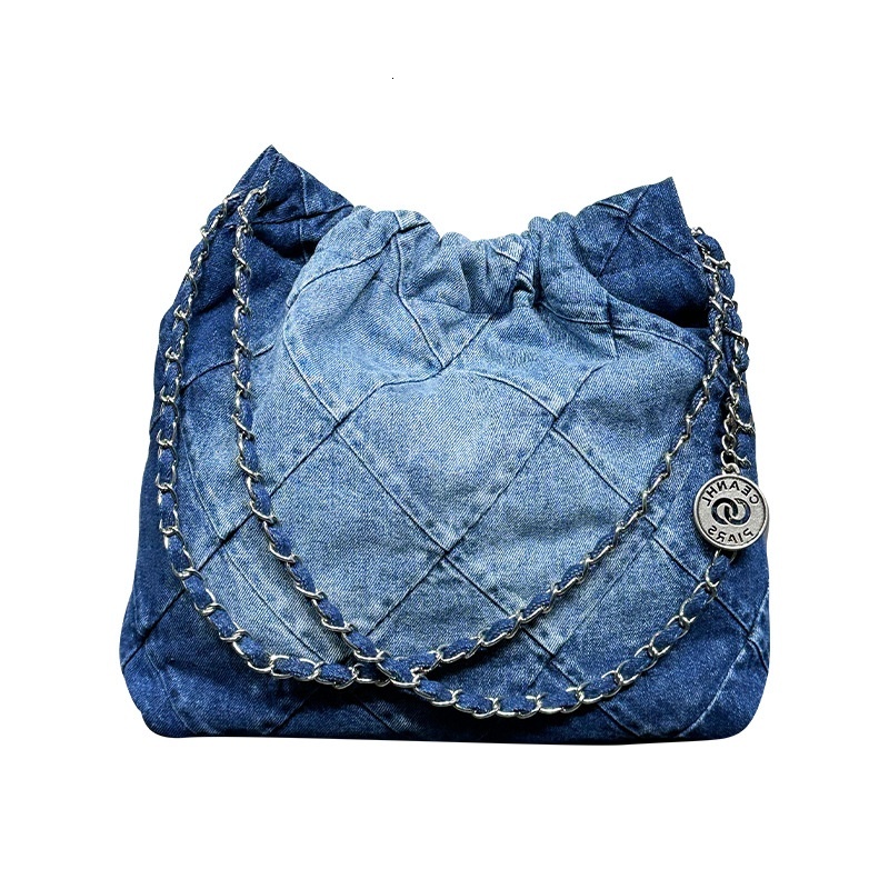 Small Fragrant Wind Gradient Water Wash Denim Blue Garbage Capacity Diamond Grid Chain Tote One Shoulder Large Shopping Bag