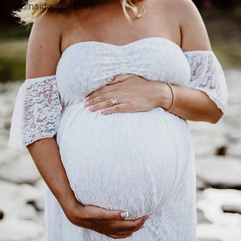 Maternity Dresses Summer Pregnant Women Wedding Photography Props Pregnant Women Clothing Shoulder Lace Party Formal Evening Dress Q240413