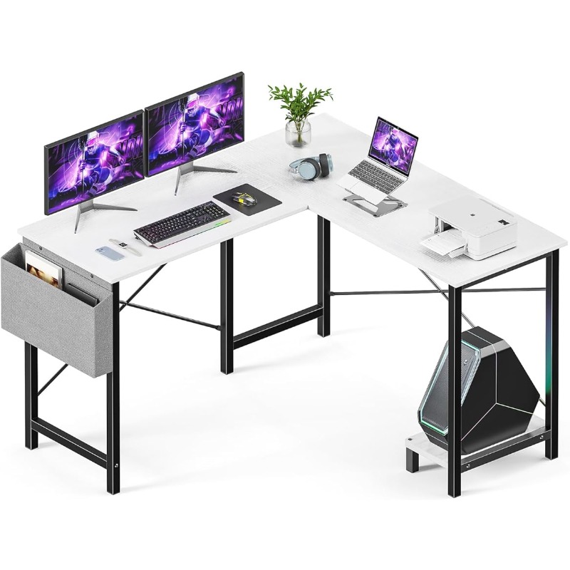 Gaming Table Corner Desk PC White Writing Desk Study Desks with Wooden Desktop CPU Stand Side Bag Reversible for Home Office