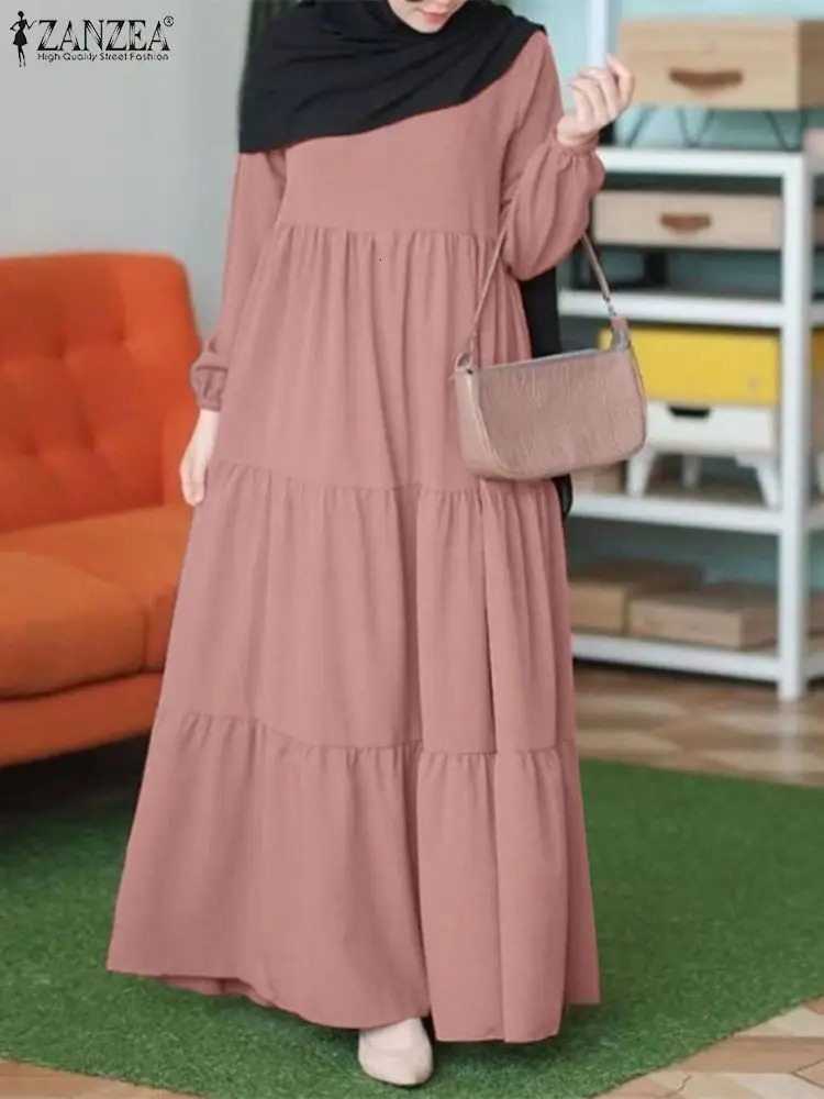 ZANZEA Muslim Headscarf Series Dress for Womens Casual Loose Long Puff Sleeves Abaya Robe Autumn Islamic O-neck Vistildos 241111