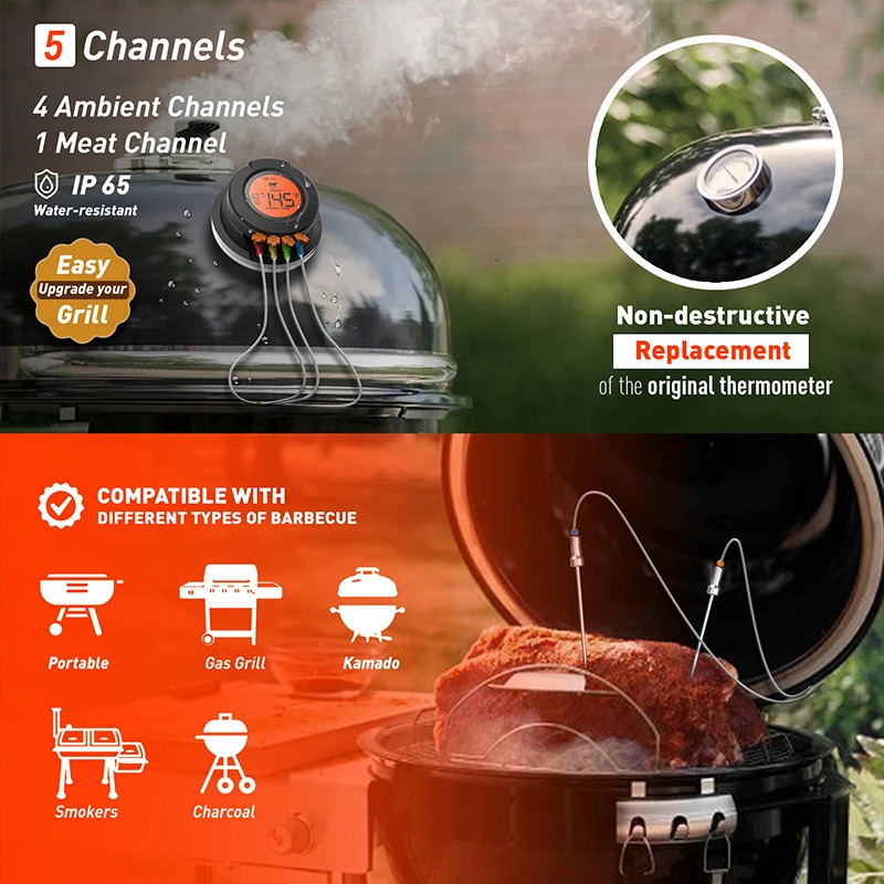 2024 Upgrade Outdoor Digital Wireless Bluetooth Dome Cooking Food Meat Temperature Gauge for Barbecue Charcoal Grill and Oven Smokers 241113