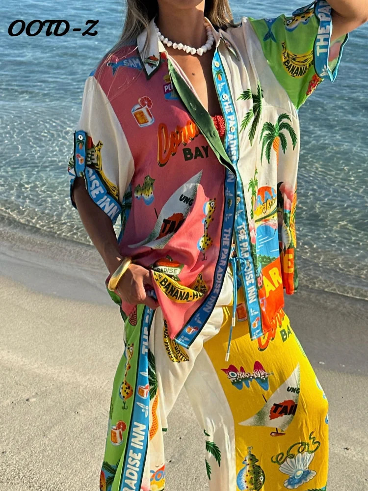Casual Print Shirt Two Piece Set Women Loose Single Breasted Top High Waist Wide Leg Pants Female Suit 2024 Summer Lady Suits 240410