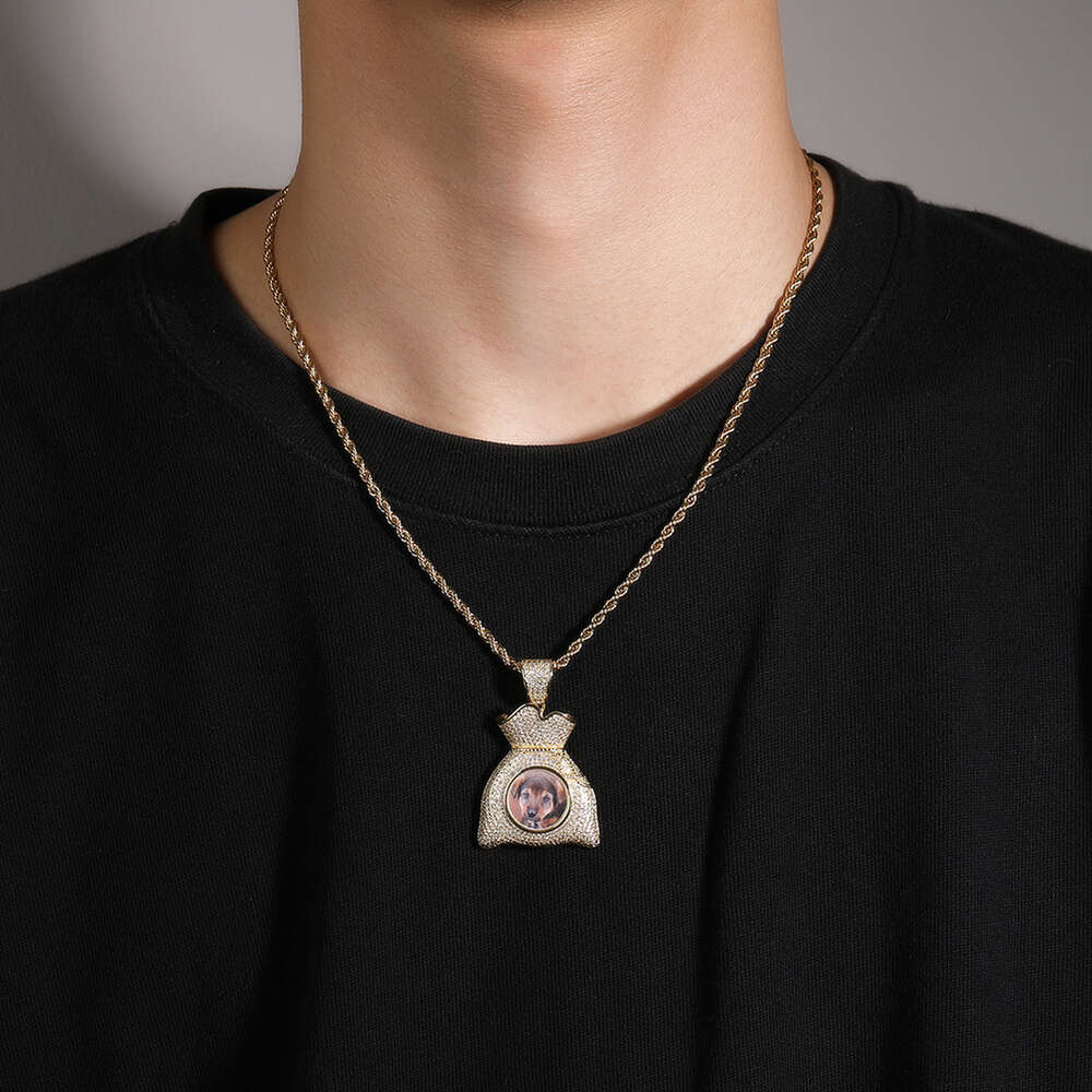 Top Quality Cubic Zirconia Custom Photo Money Bag Pendant Necklace Iced Out Cubic Zirconia Diy Picture Memorial Hip Hop Street Necklaces Bling Crystal
