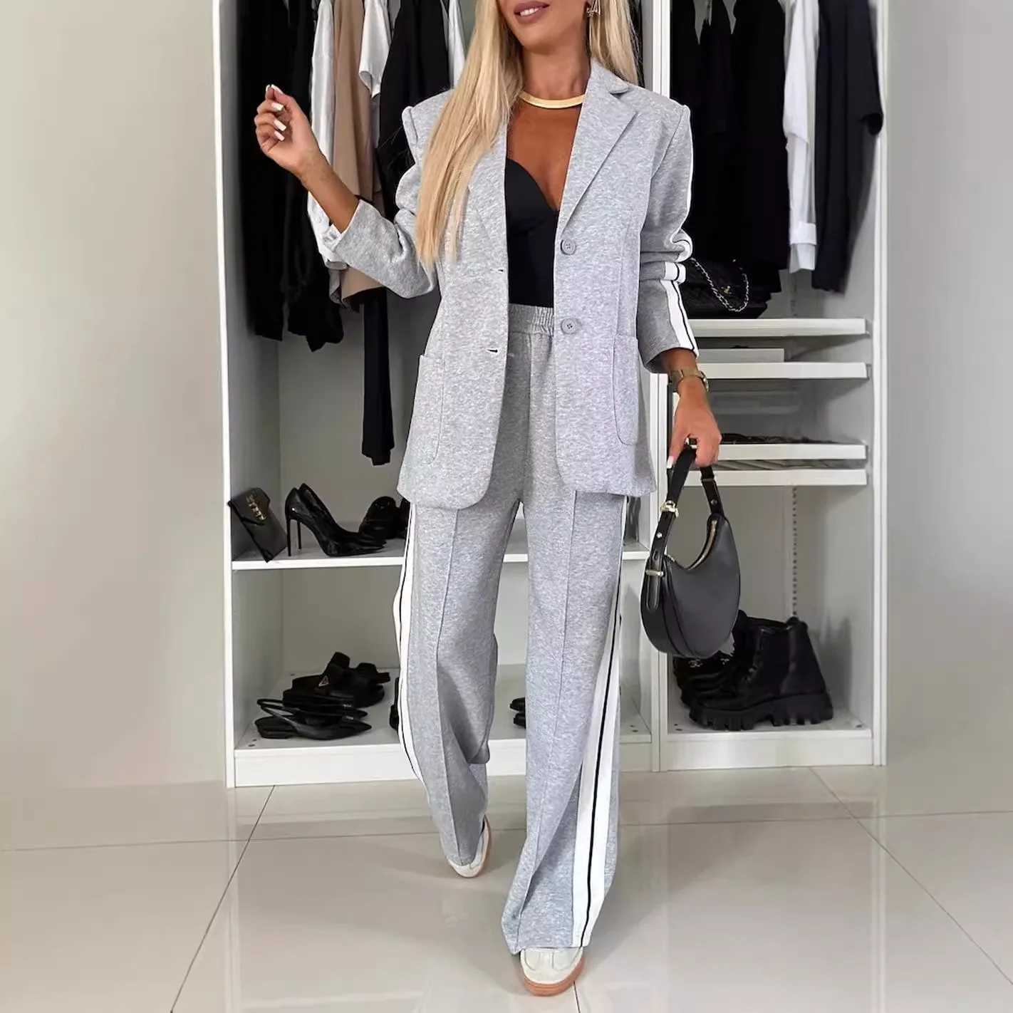 Women Blazer Winter Fall Fashion V-neck Long Sve 2 Piece Ele Straight Leg Pant Sports Two Piece Suit Women 2024X241112