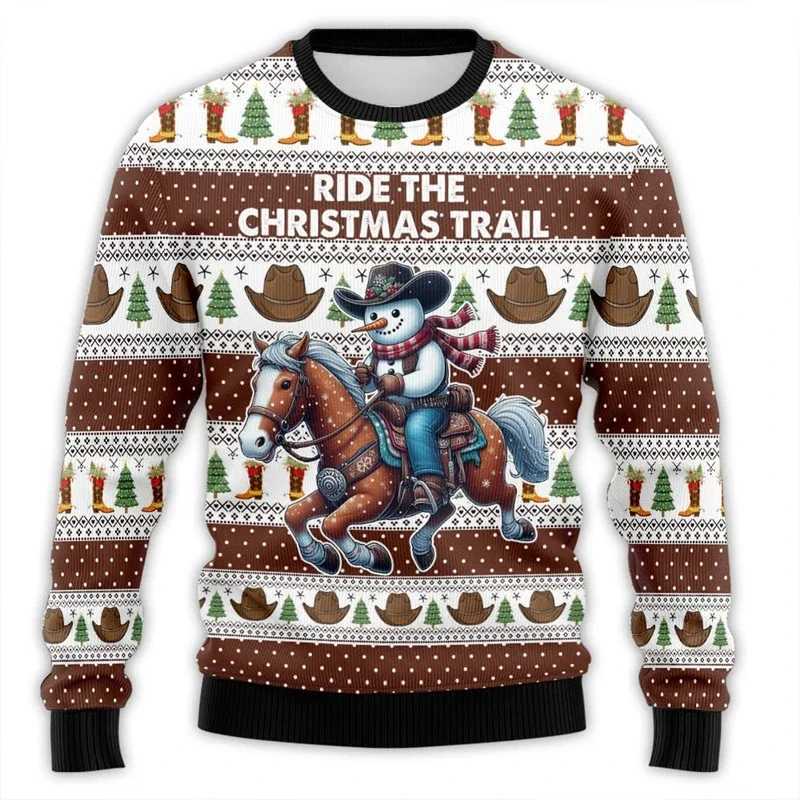 Western Cowboy Ugly Christmas For Men Clothes Rodeo Man Funny Ugly Sweaters Xmas Holiday Crew Neck Sweatshirt Boy Top LX241113