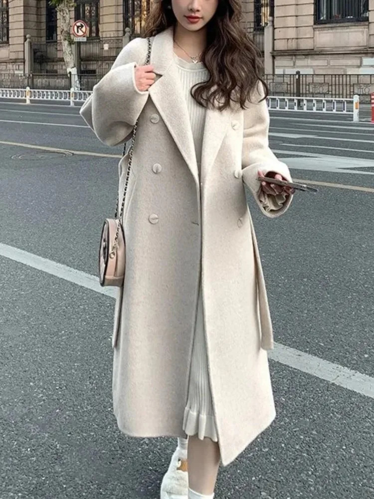Korean Fashion Women Casual Loose Woolen Coat Elegant and Chic Solid Outerwear Long Overcoat with Belted Female Warm Cloak 241108