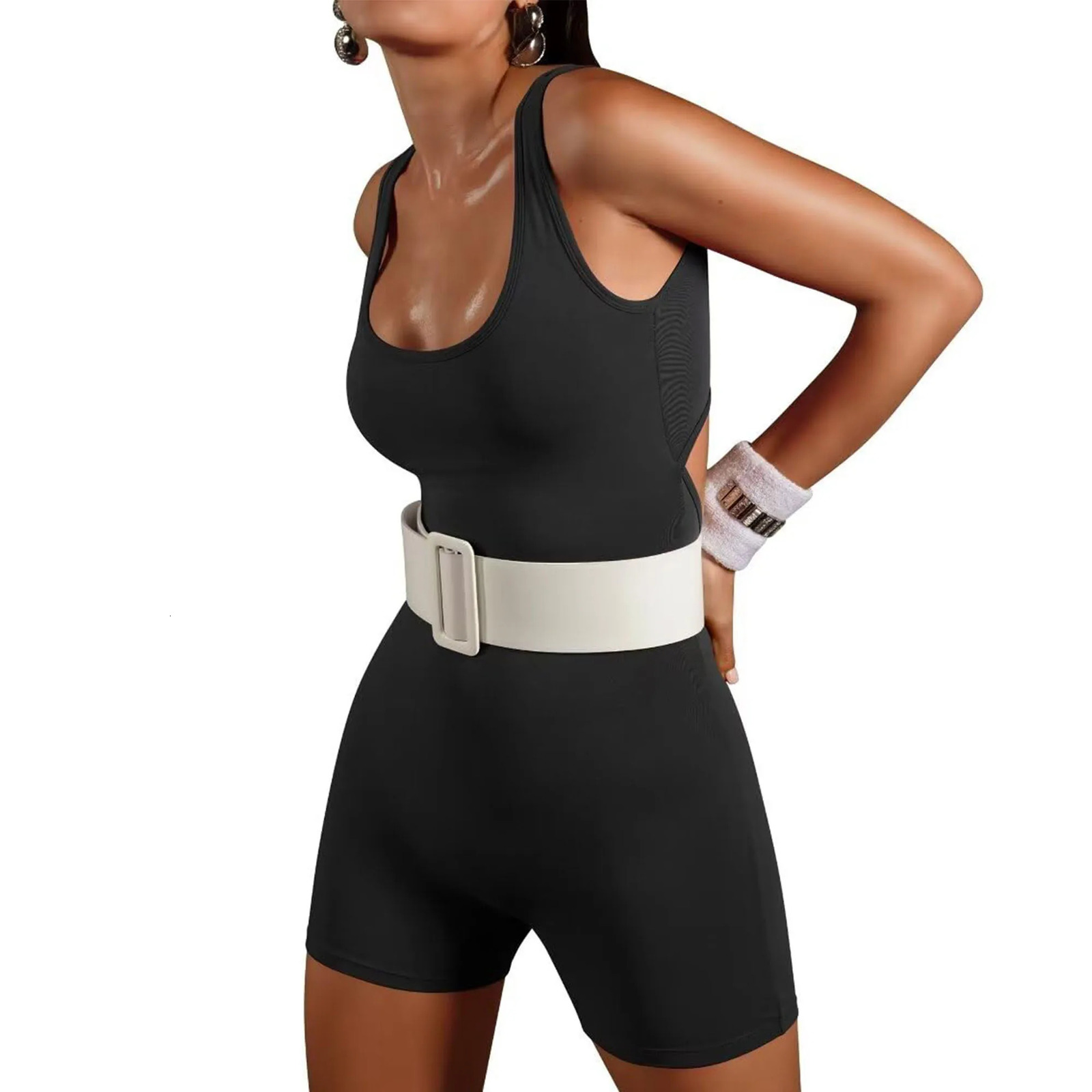 Jumpsuits for Women Sexy Backless One Piece Jumpsuit Yoga Shorts Sleeveless Tummy Control V Back Scrunch Bodycon Romper 240401