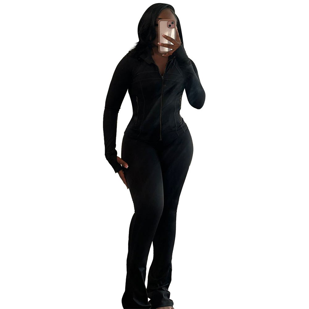 Womens Tracksuits Active Stand Collar Full Sleeve Sweatshirt with Bodycon Flare Pants Casual Two Piece Sets