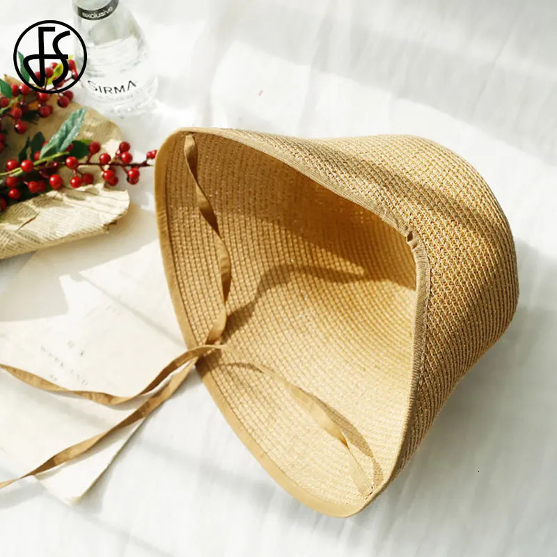 FS Fashion Straw Regency Bonnets Hats For Women Party Sun Hats Bow Beach Cap Big Wide Brim Cloche Hat Fedora Chapeau Femme 240412