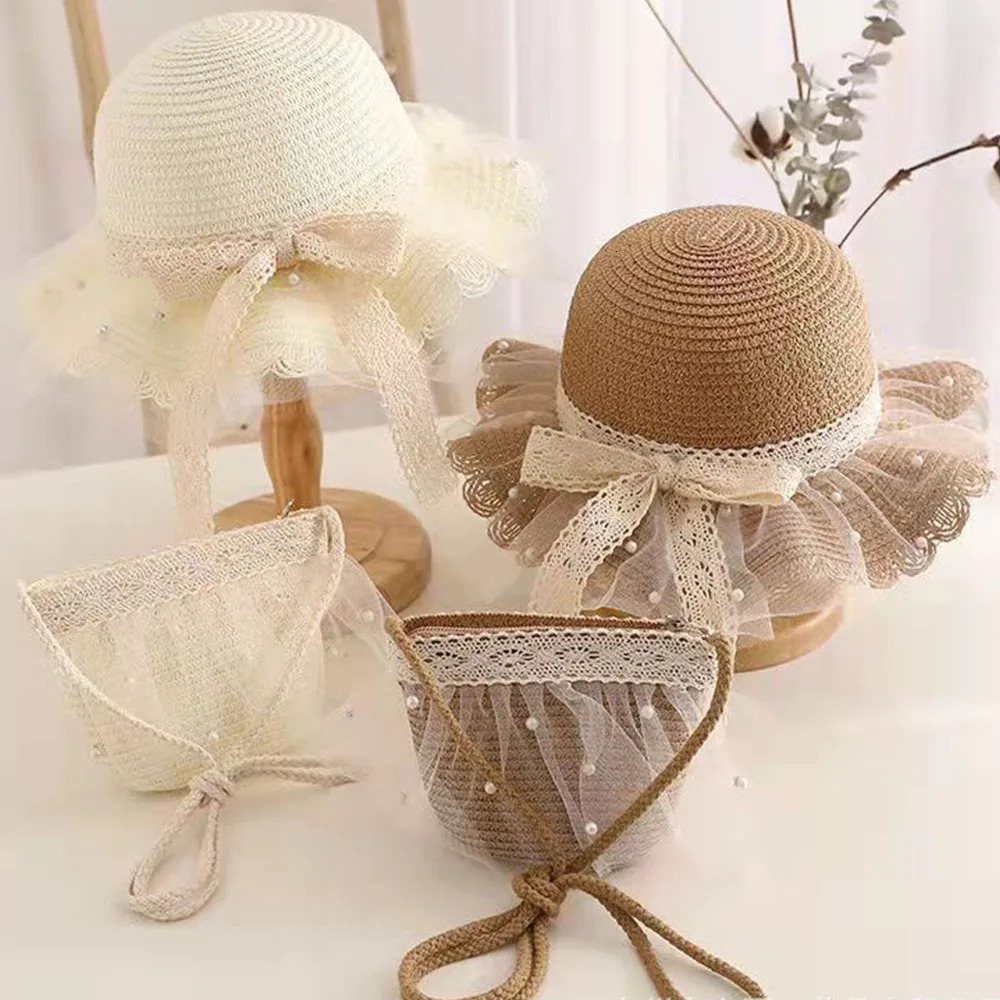 2pcs/sets Kids Straw Hat Shoulder Bags Set Summer Girl Sun Cap Children Girl Straw Panama Hat Travel Beach Sun Hat and Bag 241112
