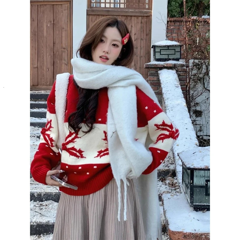 Christmas Red O-neck Knitted Floral Womens Autumn and Winter Fashion Jacquard Long Sleeve Sweater Sweet Full Match Knitted Top 241113