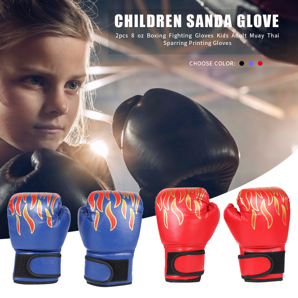 2Pcs Hot Sale Boxing Gloves Fighting Gloves High-Grade PU Leather Kids Muay Thai Sparring Kickboxing Flame for Children smile