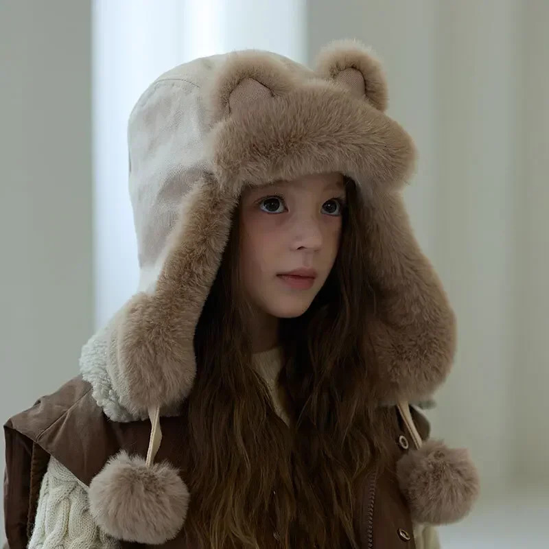 Winter Cartoon Hat Bear Ear Lamb Beanie Hats Warm Thickened Ear Protection Beanies for Women Girl Kawaii 241112