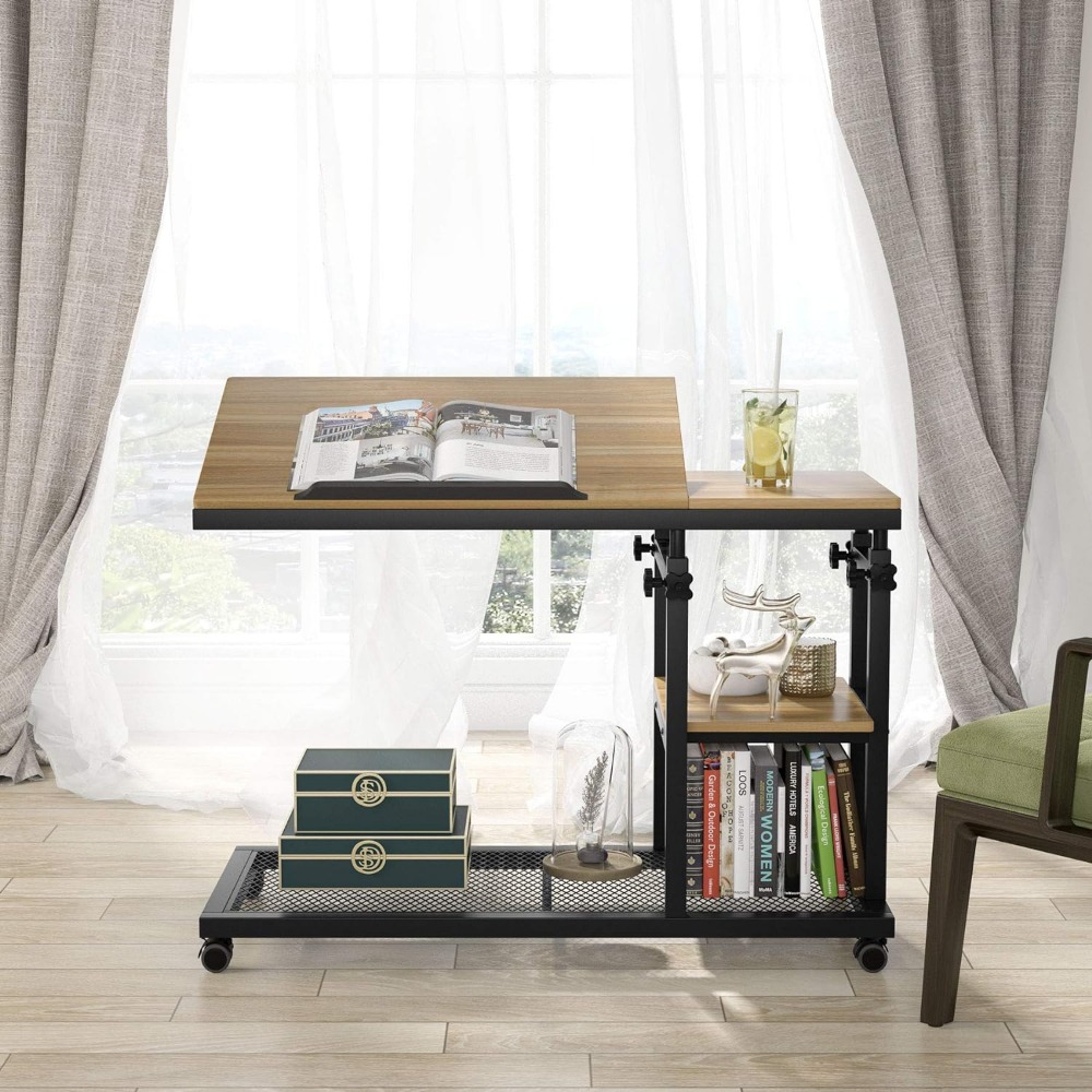 Height Adjustable End Table with Wheels and Tiltable Drawing Board, Sofa Bedside Laptop Stand, Height Adjustable C Table