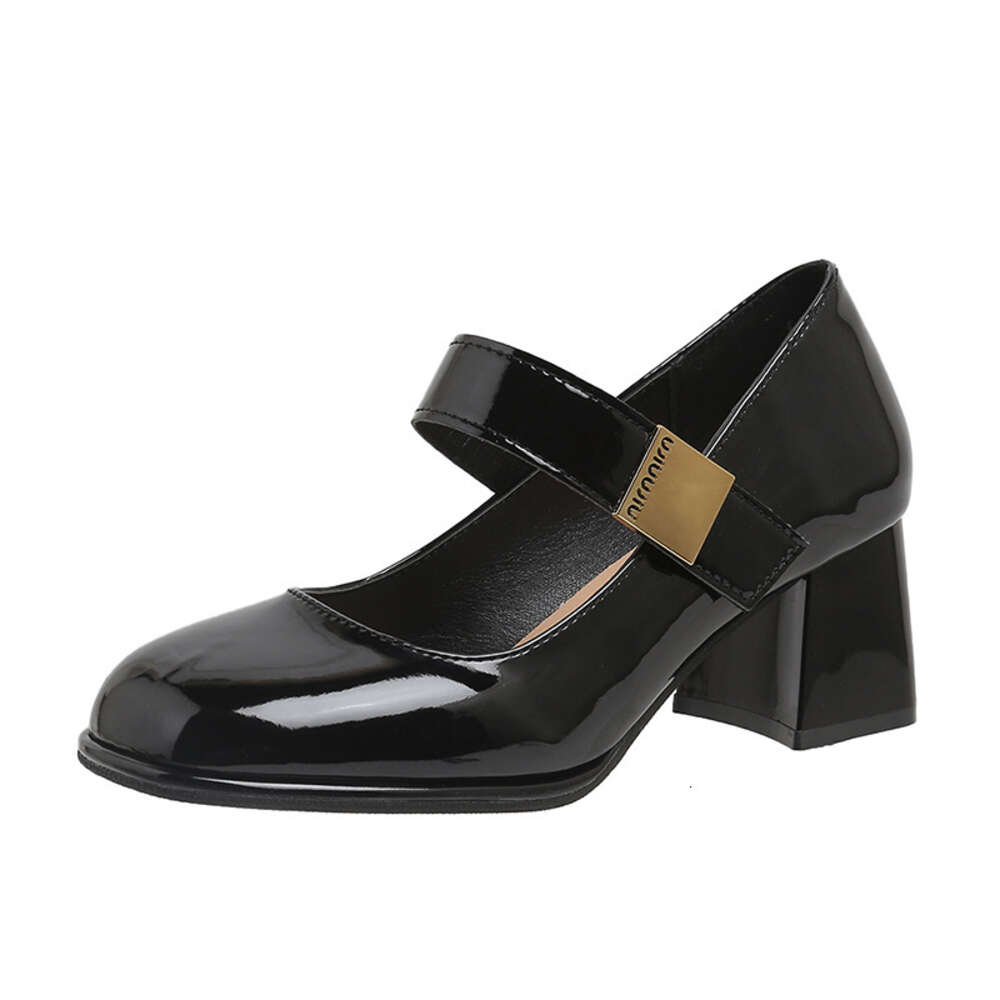 French Mary Jane 2024Jk Women's High Heels Thick Heel One Piece With Shallow Mouth Waterproof Platform Leather Shoes