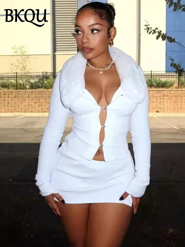 BKQU sexy fur collar hollow crop top mini skiing womens 2-piece set autumn elegant knitted tight nightclub dress 241112