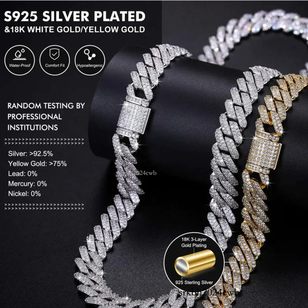 Custom 16mm Sterg Sier Vvs Moissanite Dia Heavy Iced Out Cuban k Chain Necklace for Men Rapper 10k 14k Gold