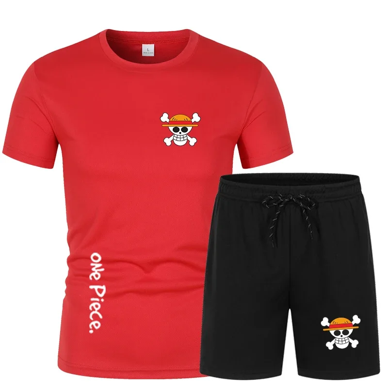 Summer Men's Kawaii Japanese Anime One Piece Sportswear Shorts Set Short Sleeve Breathable Grid T-Shirt & Shorts Casualwear