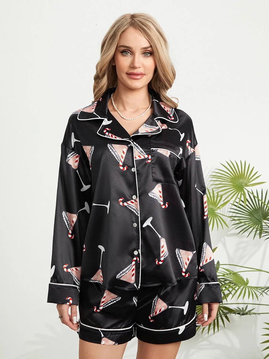 Christmas Pajamas Shorts Set for Women Santa Claus Pjs Long Sleeve Button Down ShirtPants 2 Piece Xmas Jammies Loungewear 241113