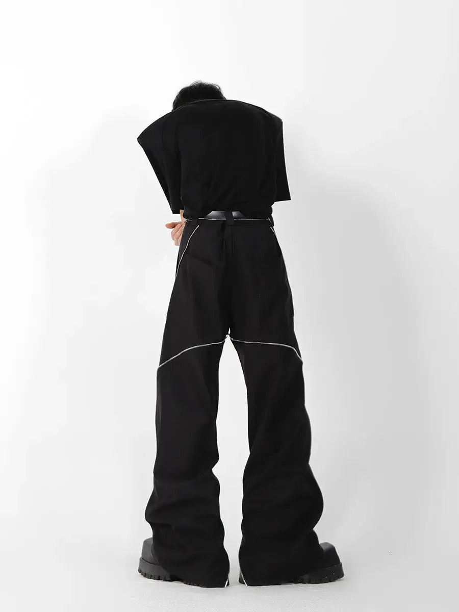 American Trend Mens Black Zipper Slit Slightly Flat Pants Vertical Feeling Straight Casual Pants Retro Trousers 241112